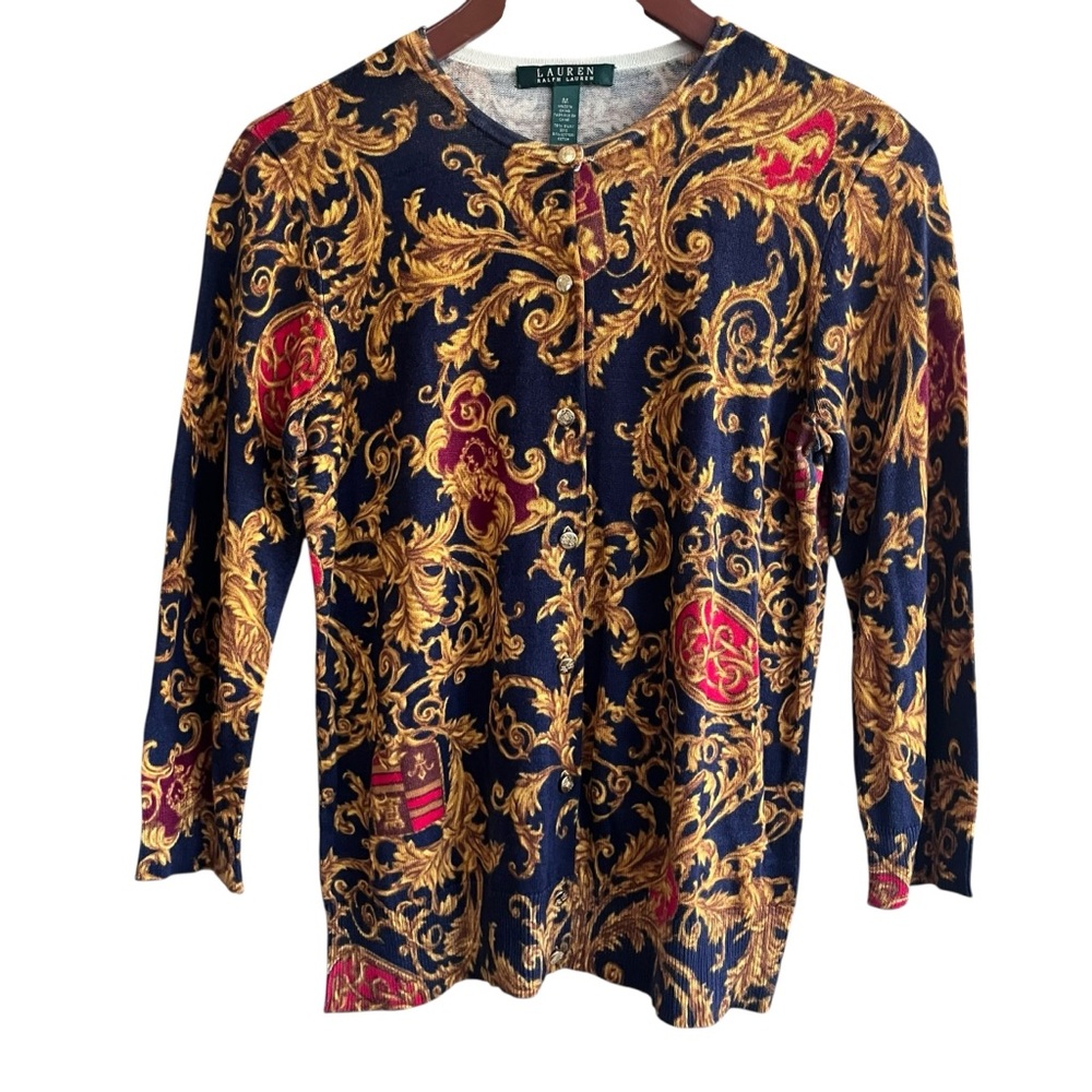 Lauren Ralph Lauren Navy Silk Cotton Crest Cardigan M